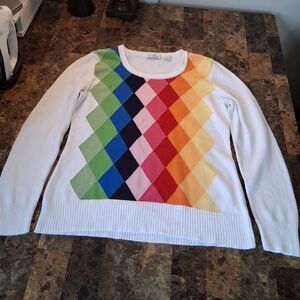 Liz Claiborne Rainbow Argyle Women's Sweater 100% Cotton Size Large